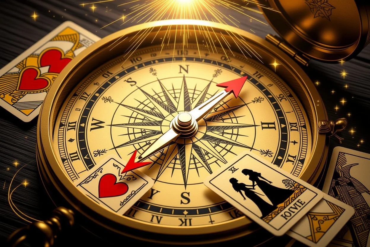 恋愛の方向性を示すタロットカードと羅針盤の象徴的なイメージ