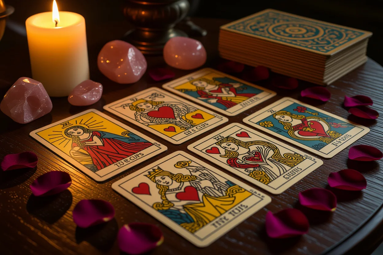 恋愛タロットカードスプレッドの神秘的な配置、キャンドルライトに照らされた愛のリーディング