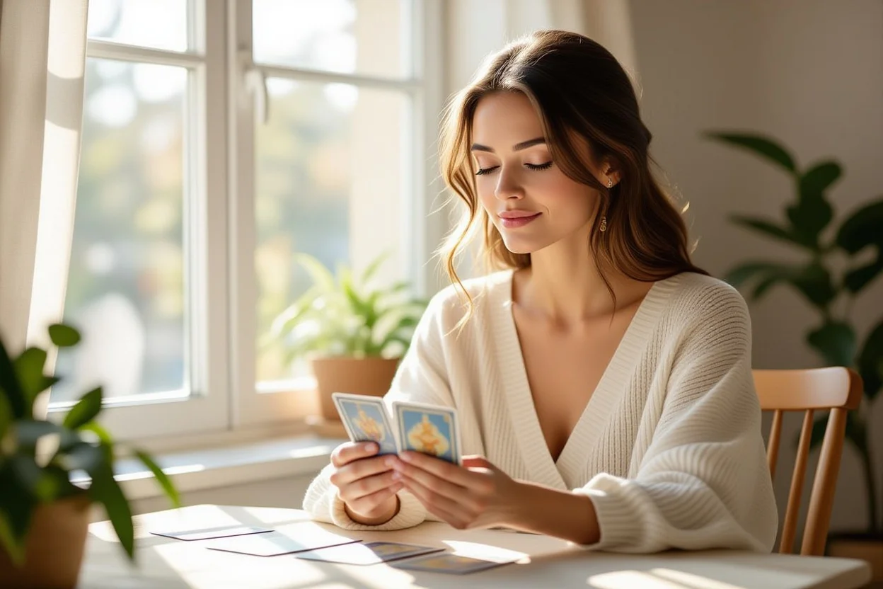 瞑想的にタロットカードを持つ女性、内なる平安と不安の解放を表現