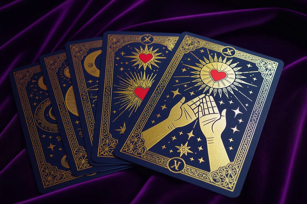 美しい恋愛シンボルが描かれたタロットカードのクローズアップ、隠された真実を表現