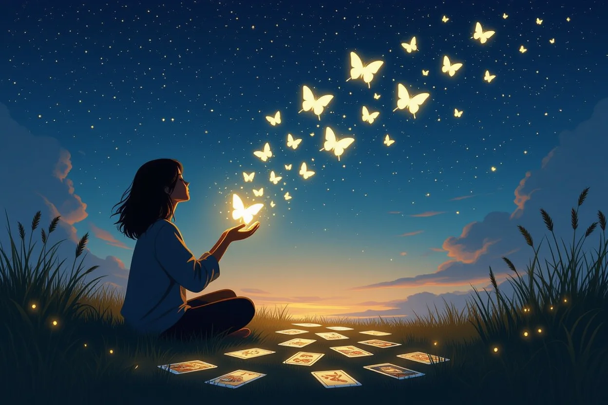 タロットの導きにより不安を手放し自己成長する象徴的なシーン、蝶と星空