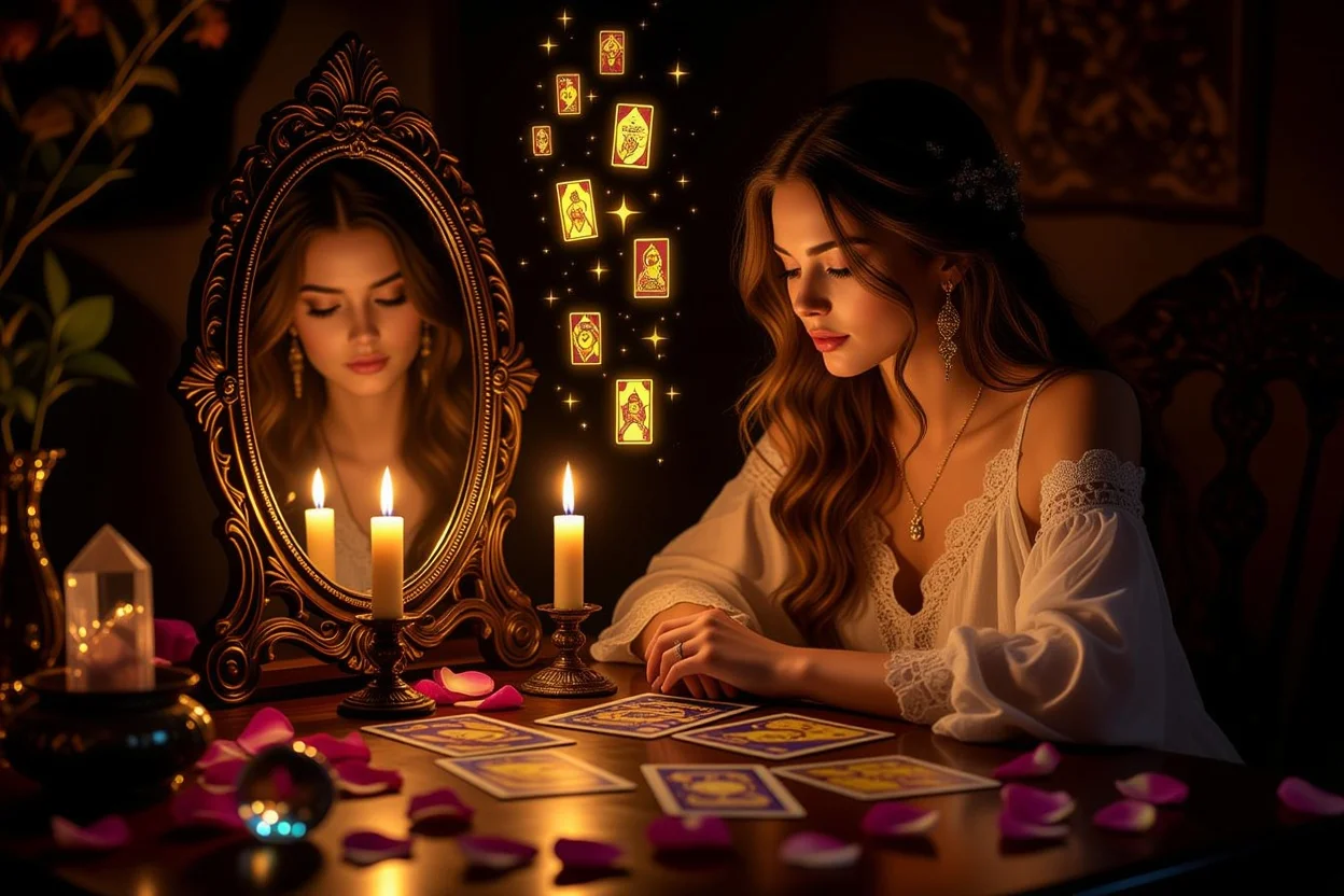 恋愛タロットで自己愛を育む女性と鏡のイメージ