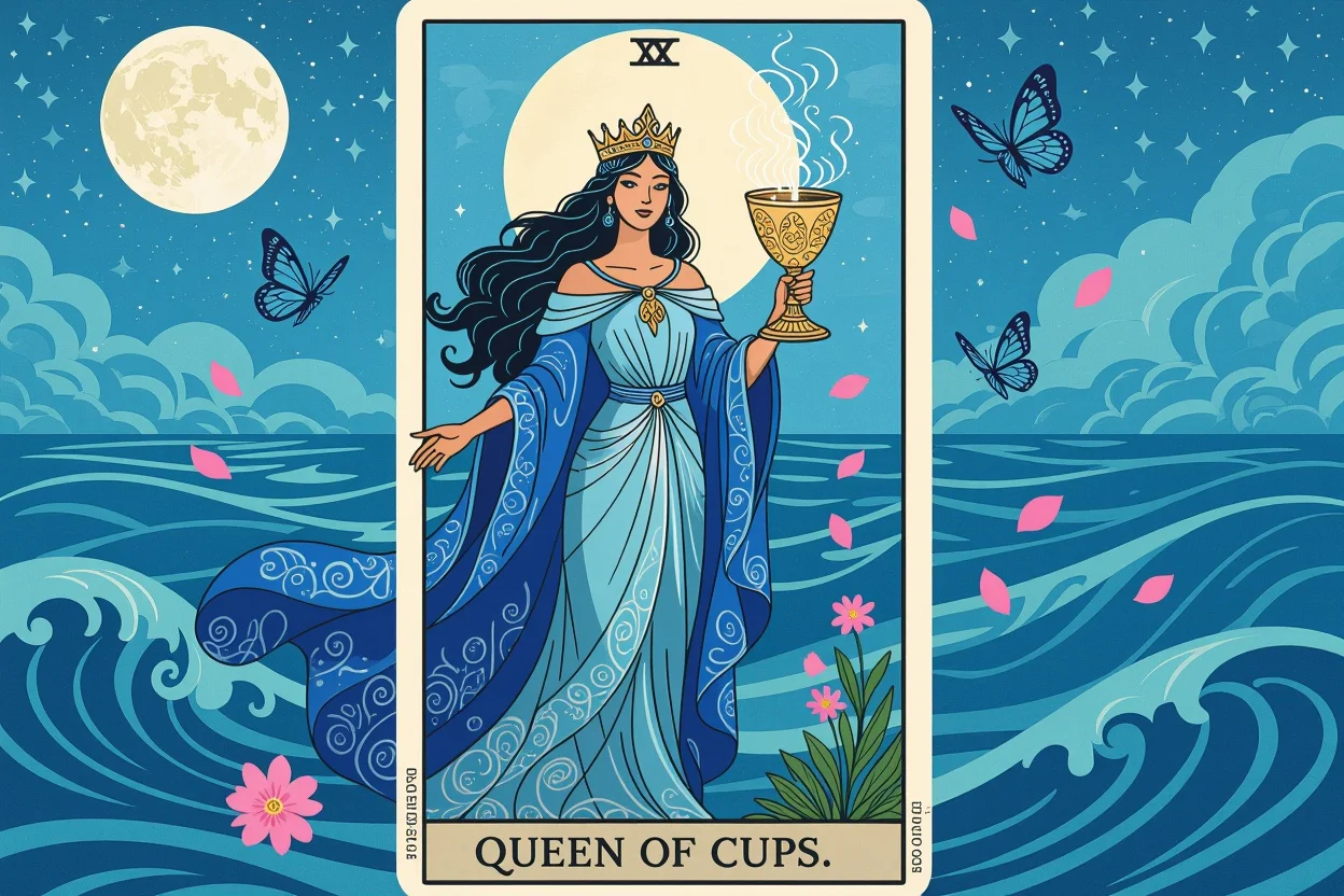 カップのクイーンタロットカードの幻想的なイラスト