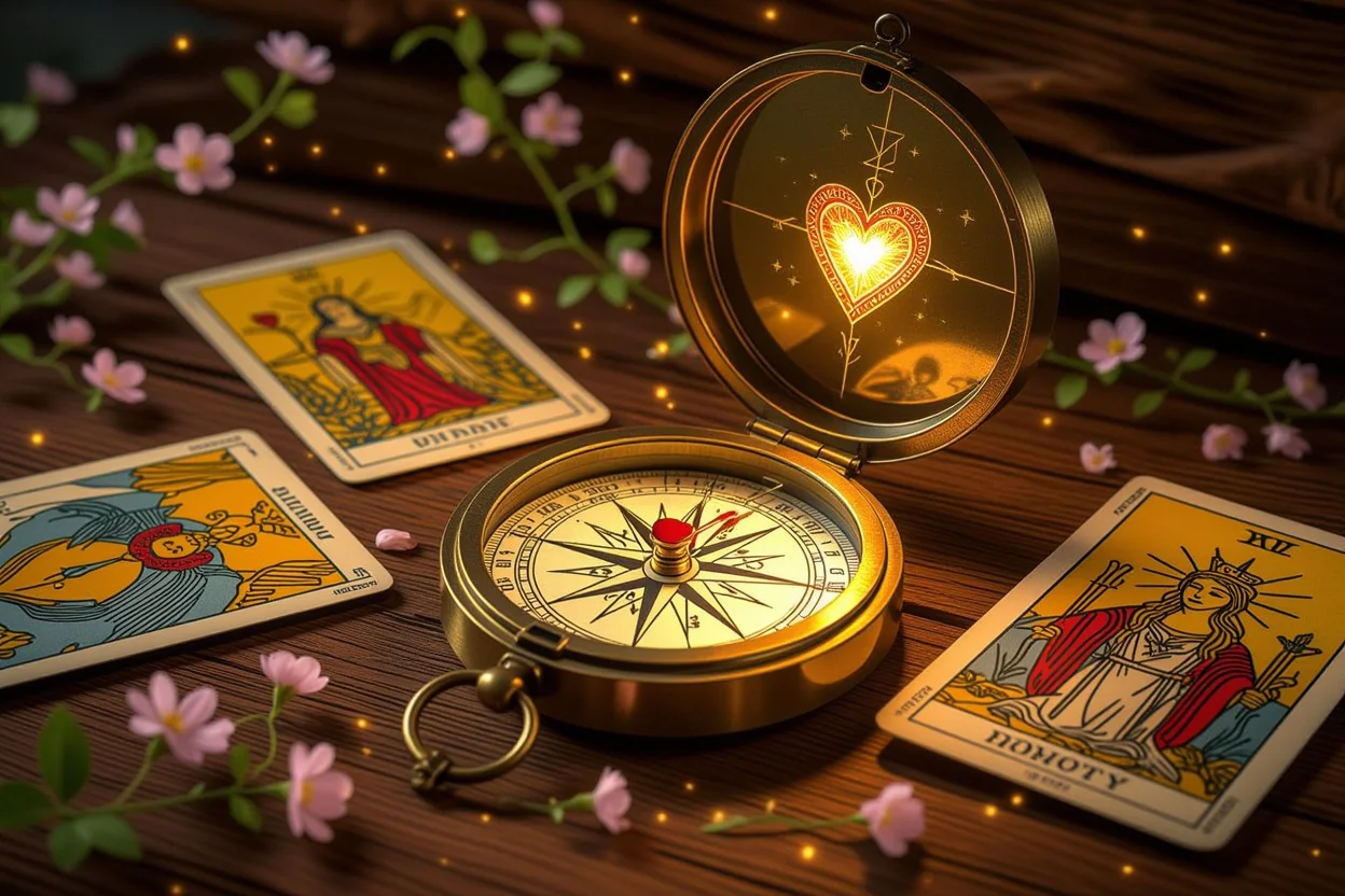 恋愛と自己愛を導く神秘的なハート型コンパスとタロットカード
