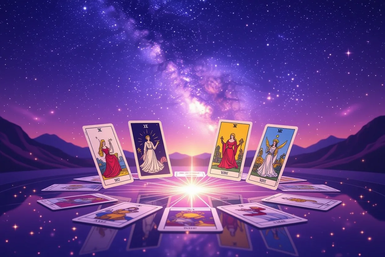 星空の下でタロットカードによる恋愛の未来と運命を占う幻想的なシーン