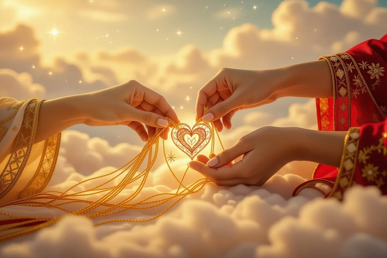 運命の赤い糸を手作りで編む様子を表現した幻想的なイラスト