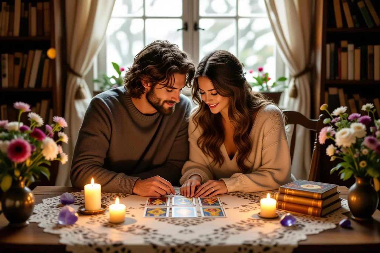 カップルが一緒にタロットカードを見ながら愛を育む温かなシーン
