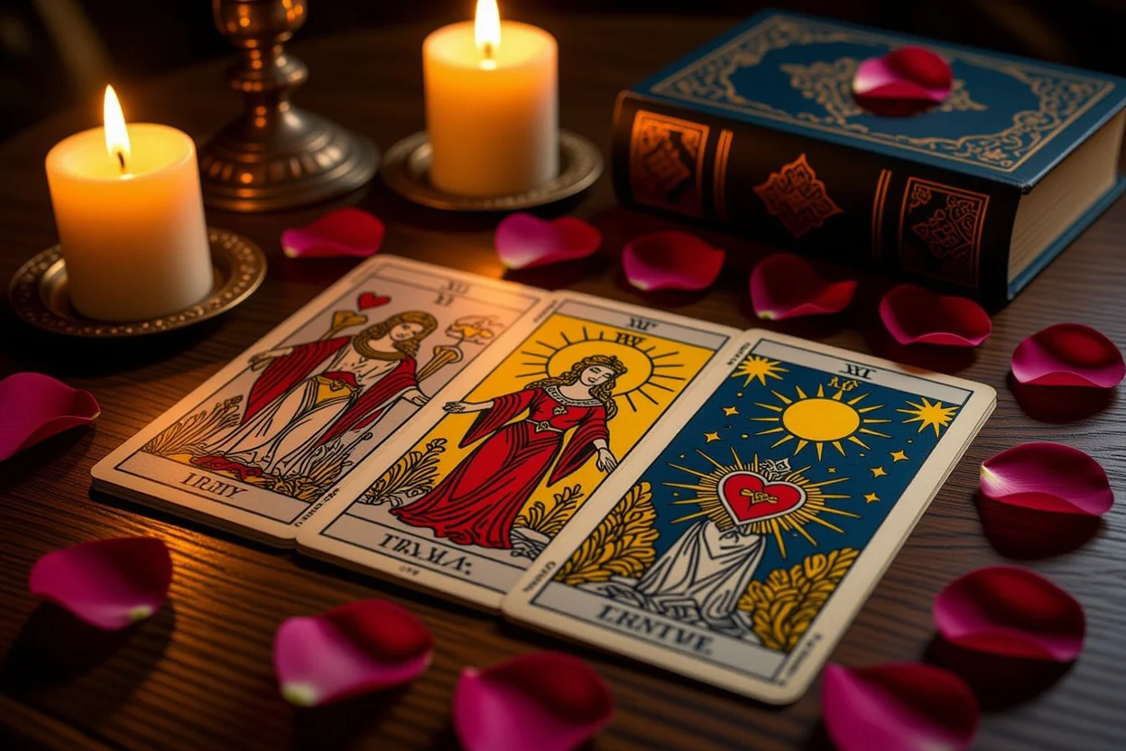 恋愛タロット占いのカード配置、ろうそくの光とバラの花びらに囲まれた神秘的な雰囲気