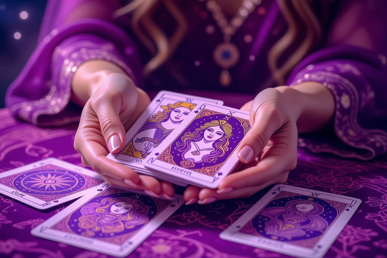 タロットカードを手に持つ様子、恋人カードと力のカードが見える神秘的な占いシーン