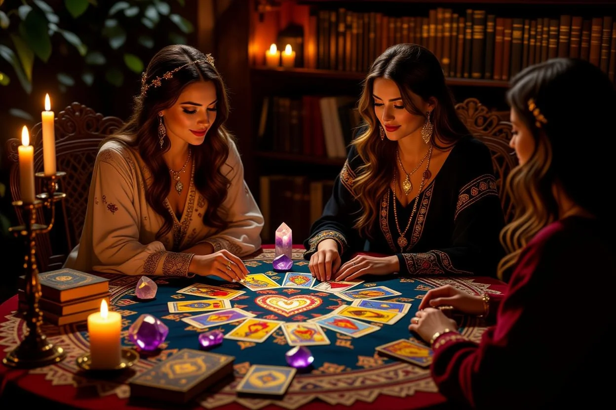 プロのタロット占い師による恋愛相談、ハート型に配置されたカードと水晶に囲まれた鑑定風景