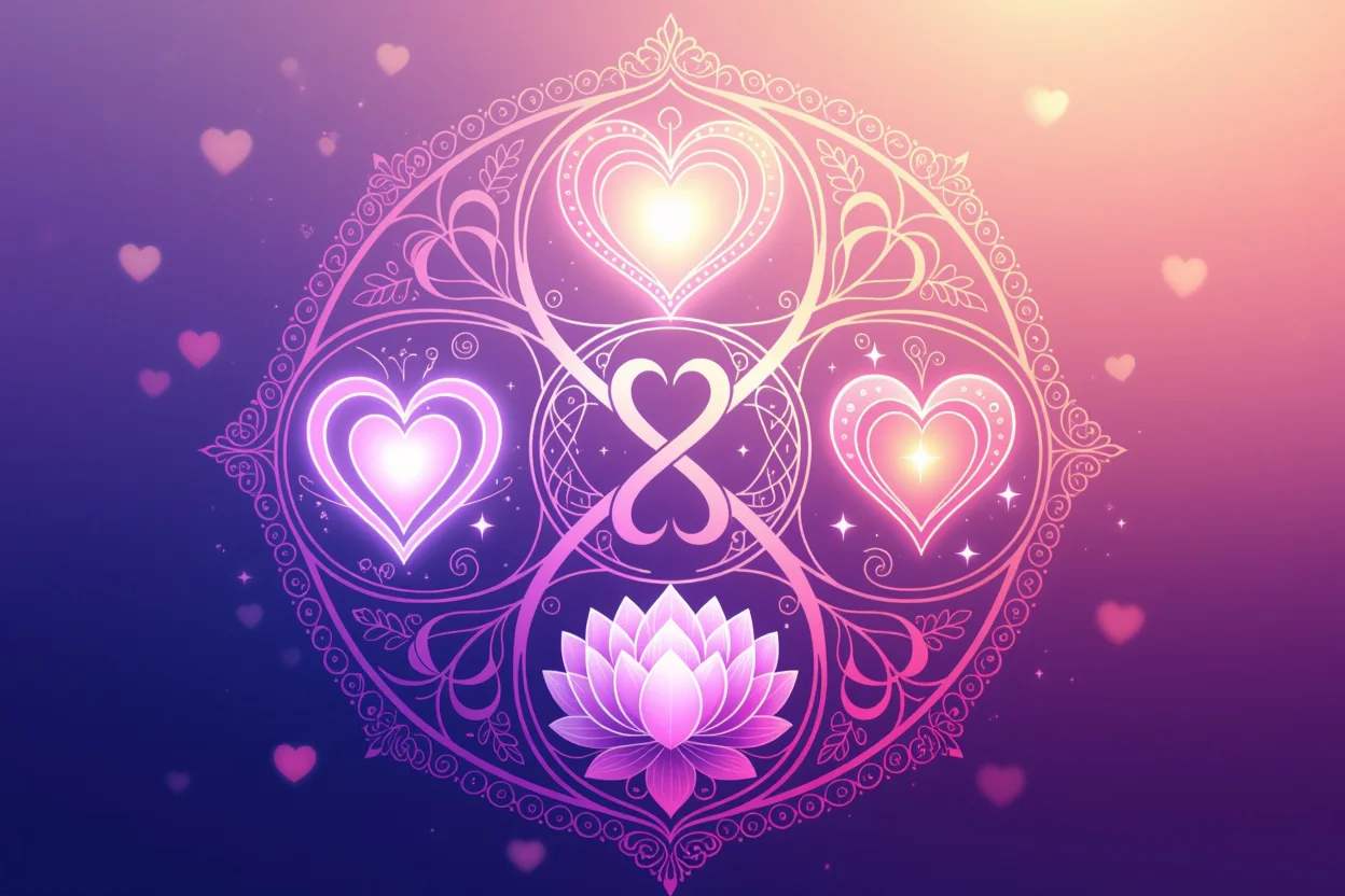 恋愛関連の主要タロットカード、円形に配置されて光る神秘的なマンダラ模様の占いアート