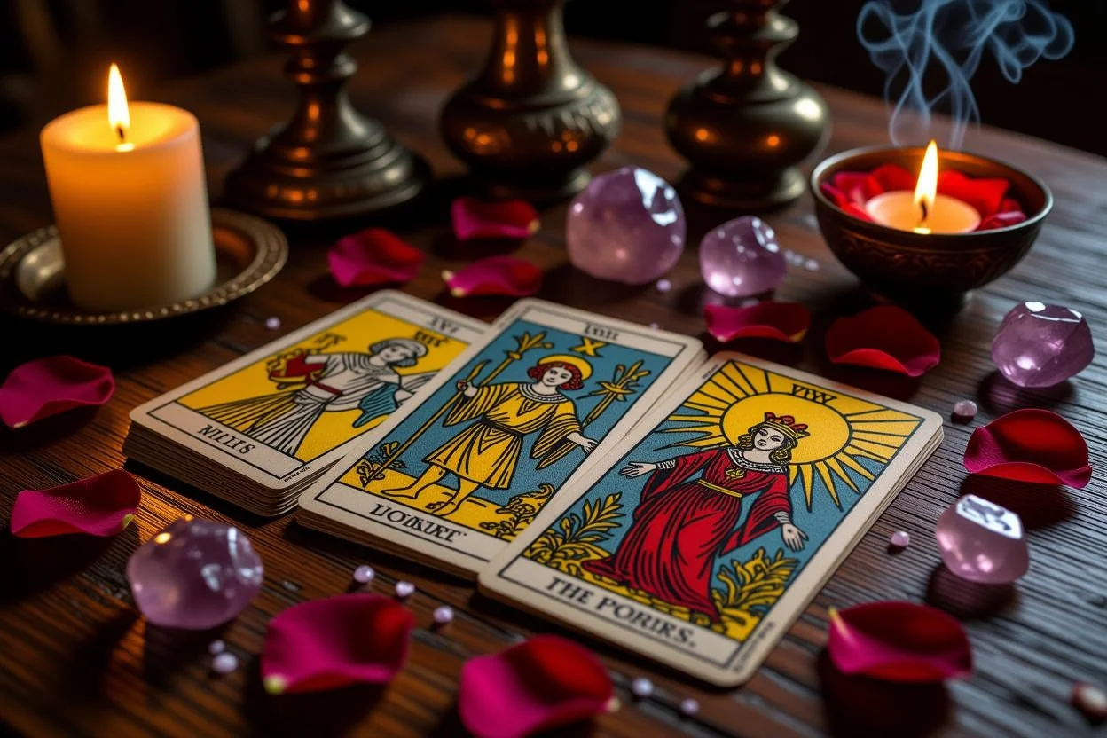 恋愛タロット占いのメジャーアルカナカードと運命の人との出会いを示すロマンチックな占い風景