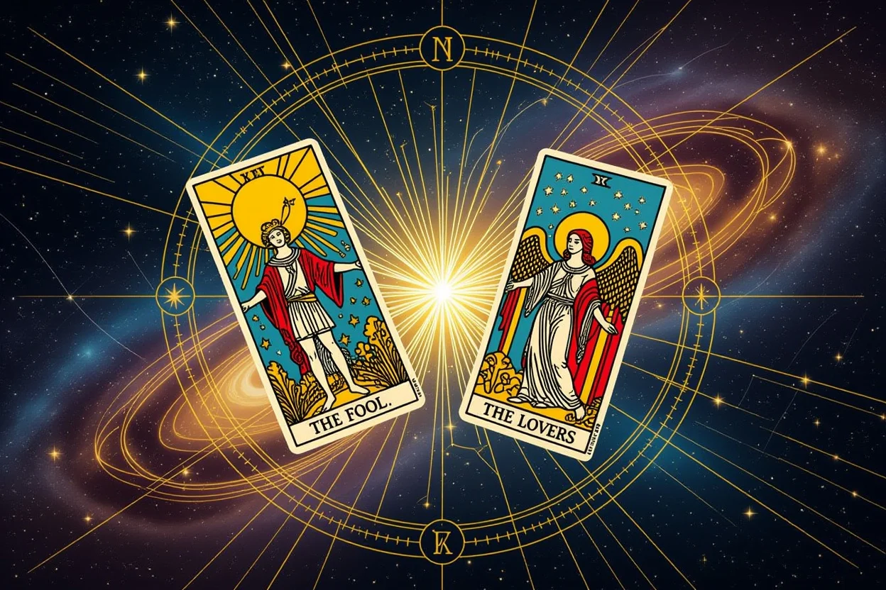 宇宙エネルギーに包まれた愚者と恋人のタロットカードが示す運命的な魂の繋がりと愛の導き