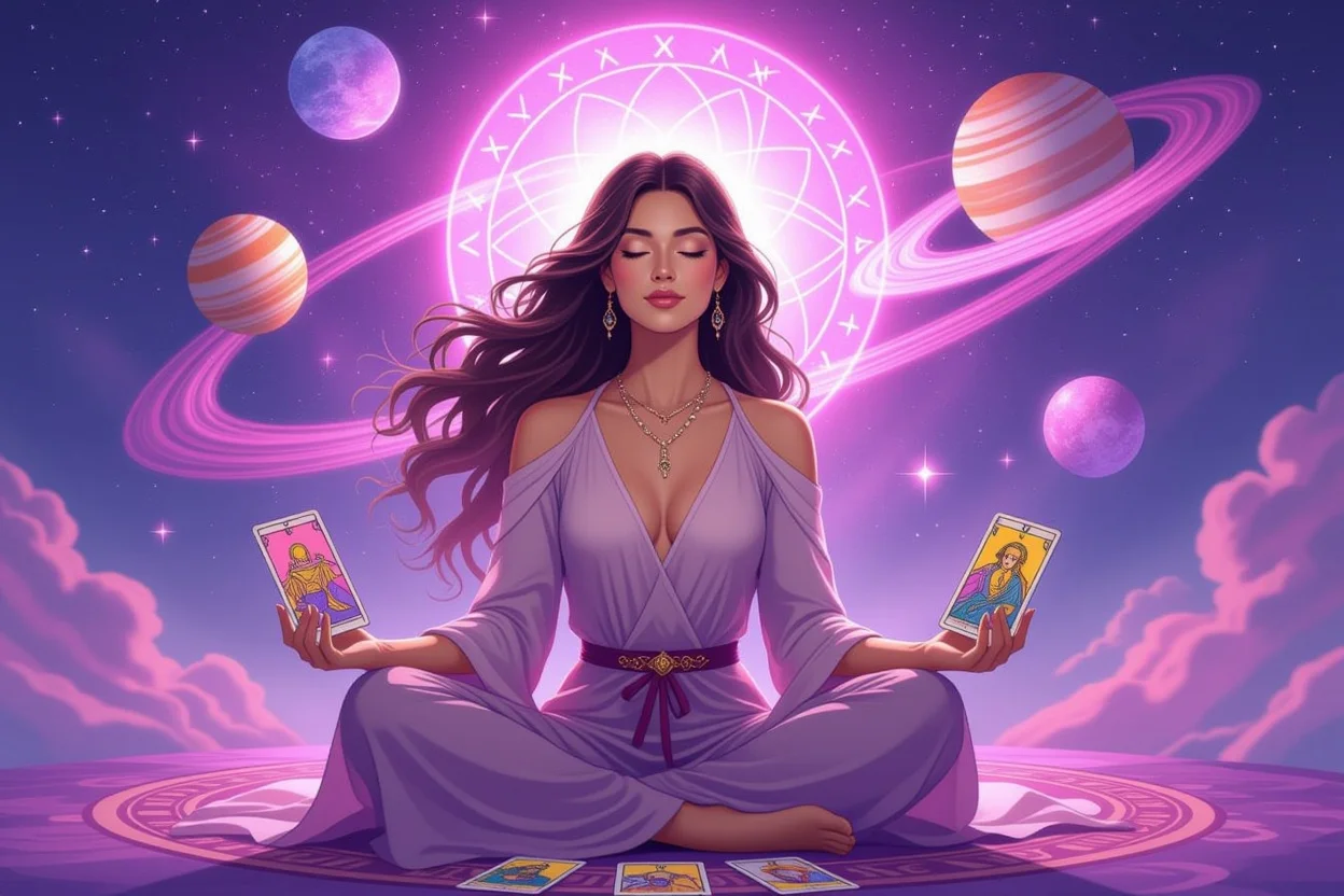 タロットで運命の恋愛を占う女性と宇宙的エネルギーが導く魂のパートナーシップ