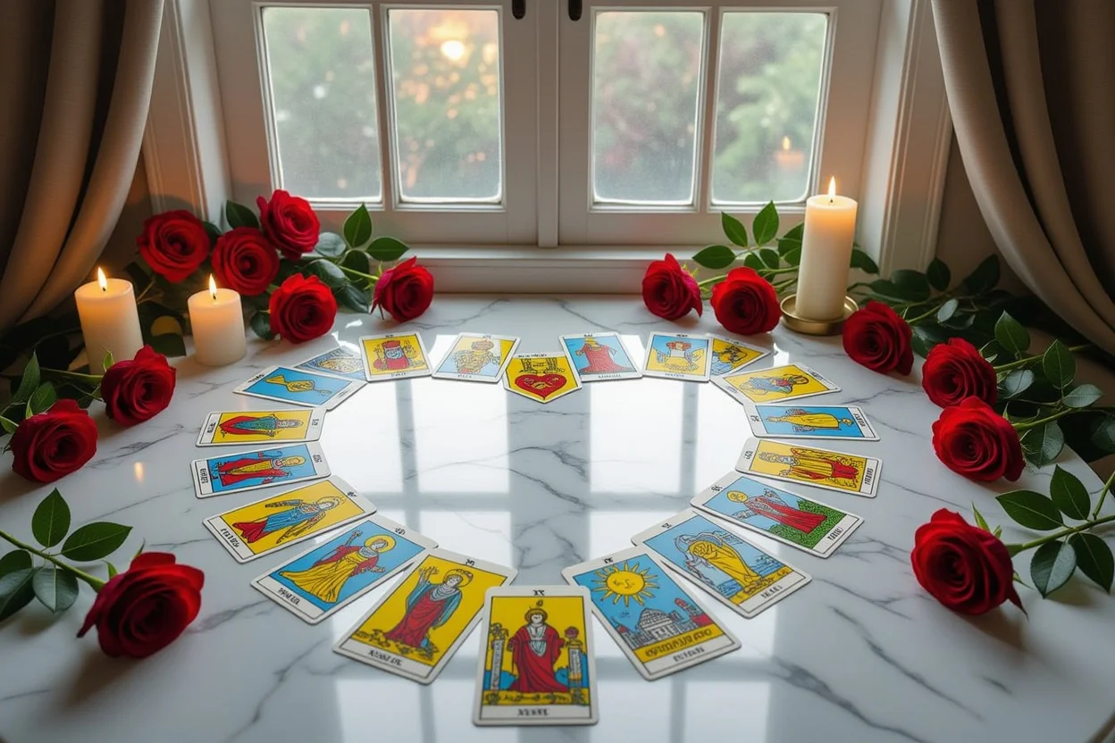 ハート型に並べられたメジャーアルカナタロットカードと月光が照らす恋愛運占いの神秘的な空間