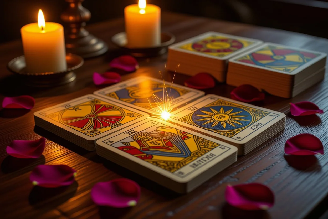 恋愛タロットカードの神秘的なスプレッドと深層心理を表す幻想的な光