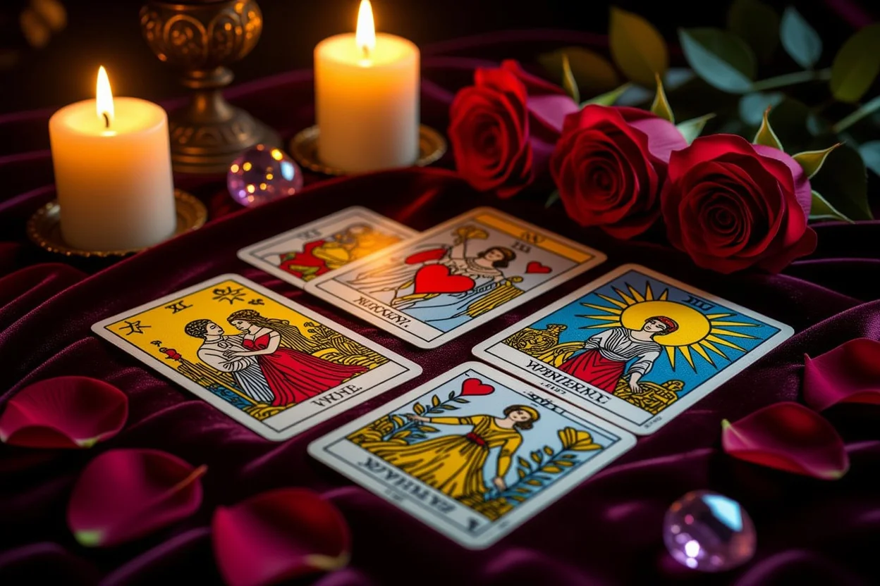 恋愛タロット占いのカードスプレッド、神秘的な雰囲気の中でキャンドルライトに照らされたタロットカード