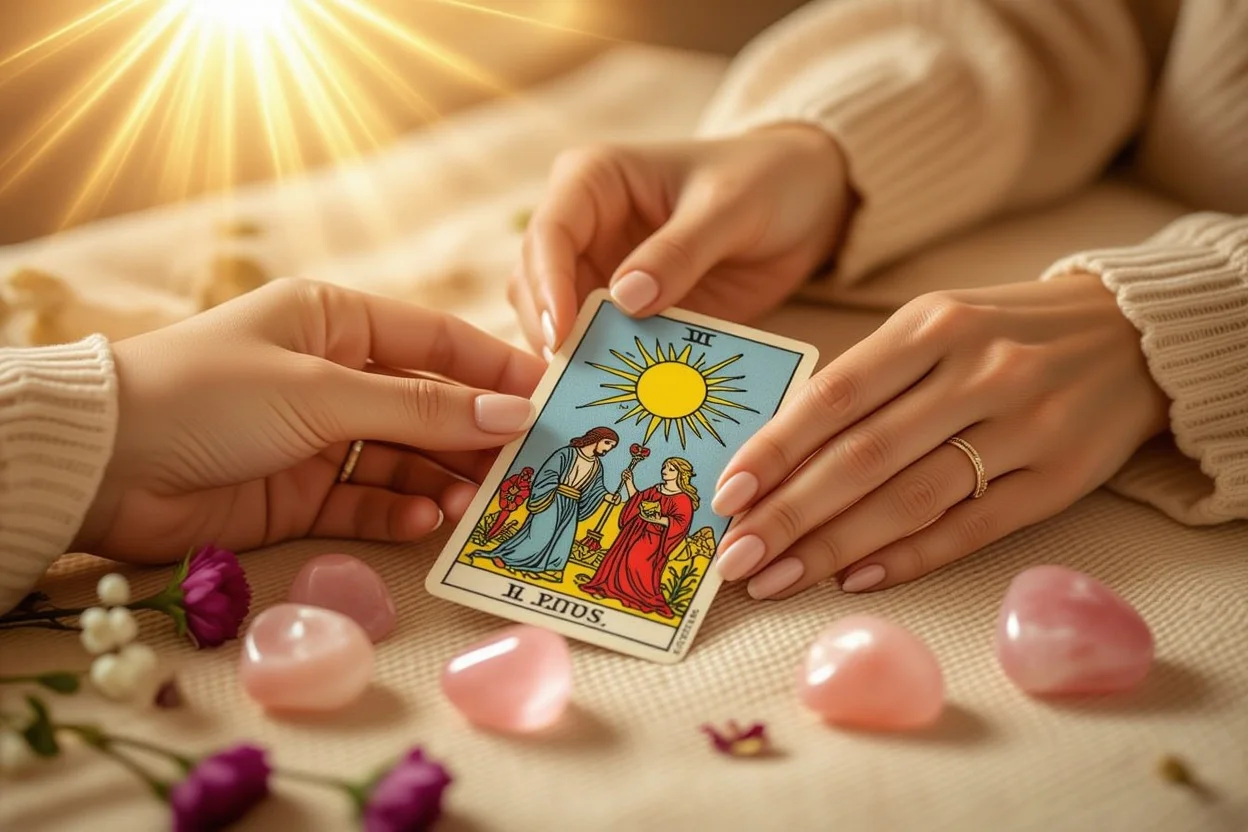 タロットカードをめくる瞬間、恋愛の隠れた真実が明かされる神秘的なシーン