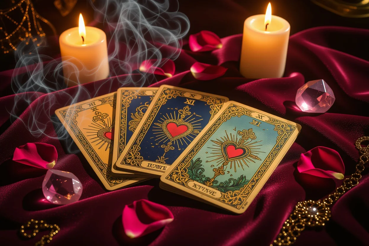 恋愛タロットカードの神秘的なスプレッド、キャンドルと薔薇の花びらに囲まれた占いの風景