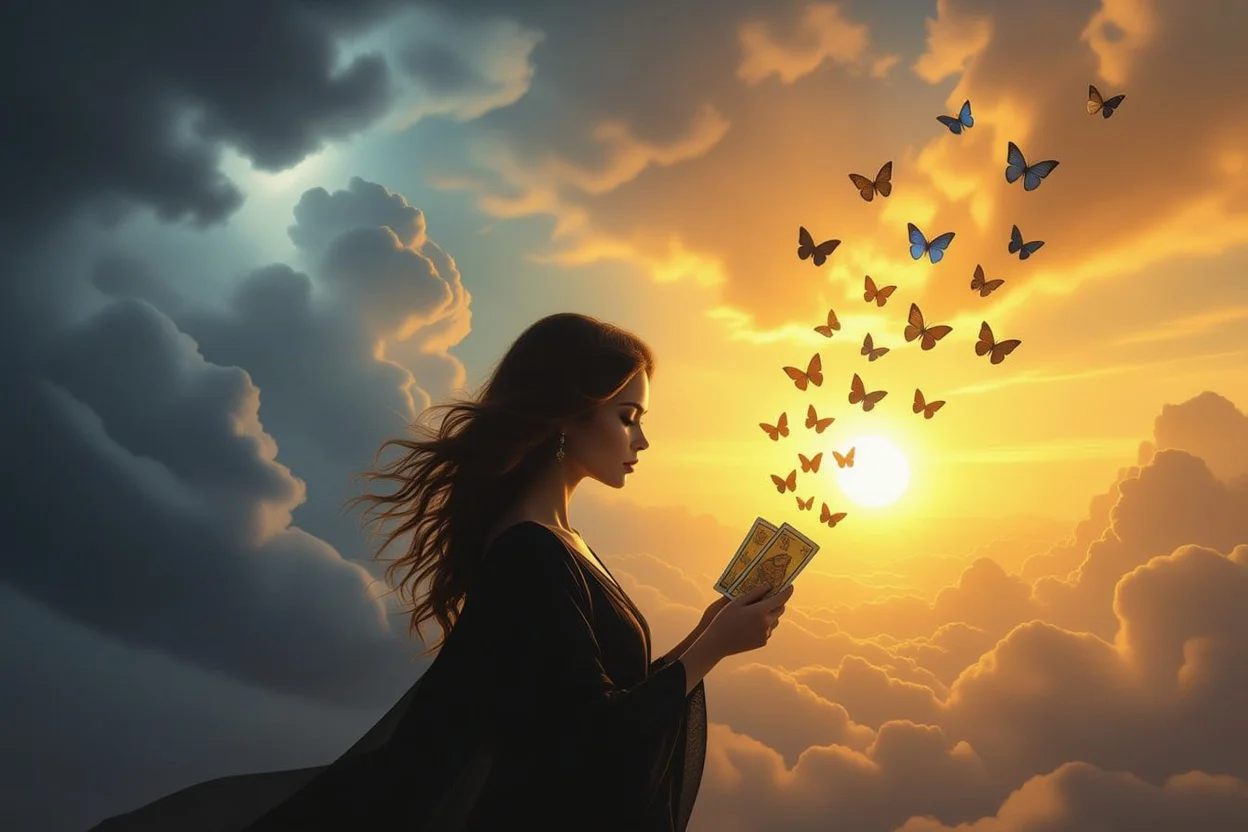 不安から希望への変化を表現する、タロットカードで導かれる女性のシルエット