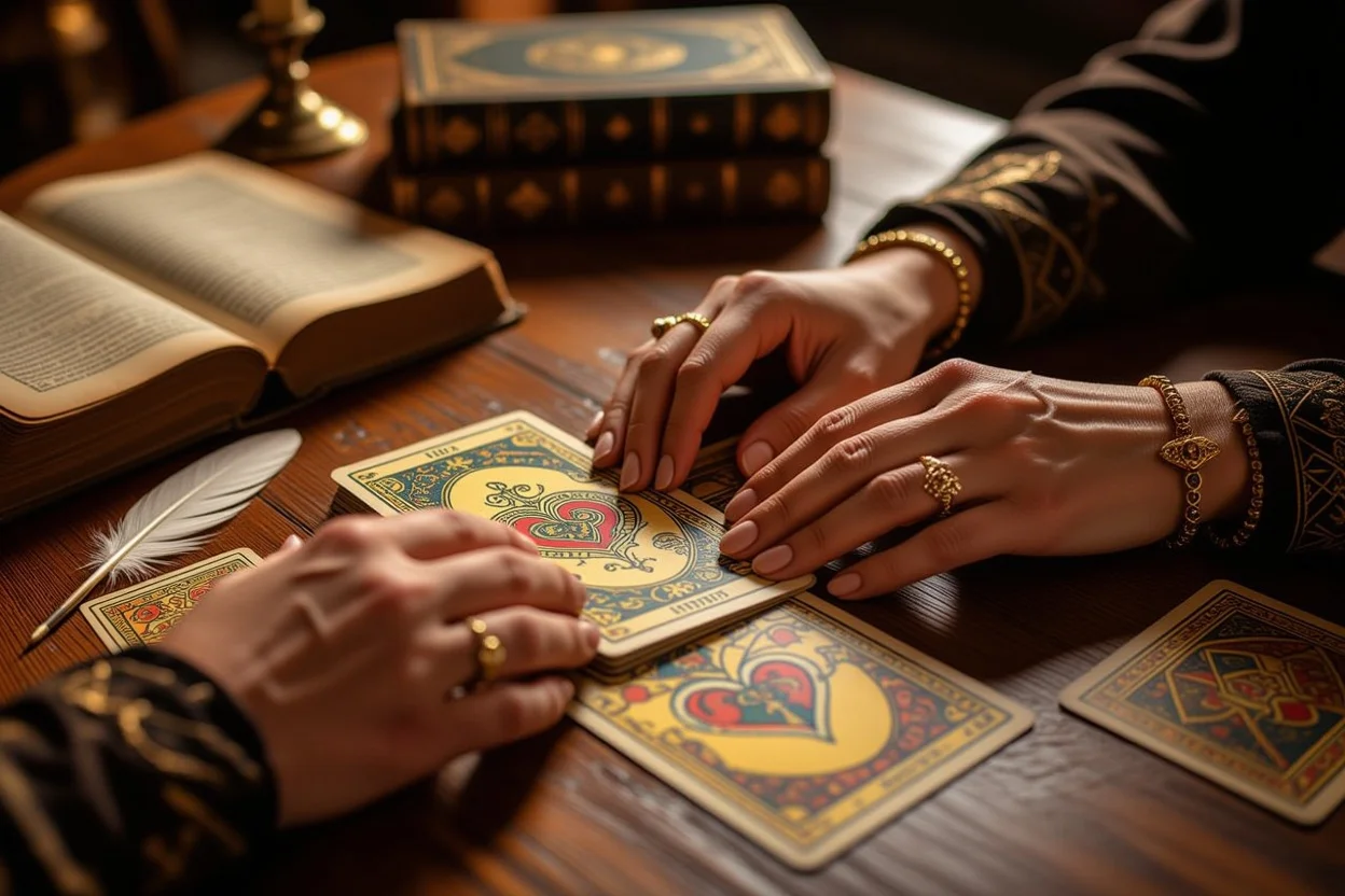 タロットカードの深読みを表現する、カードに触れる手と古書のある占い空間