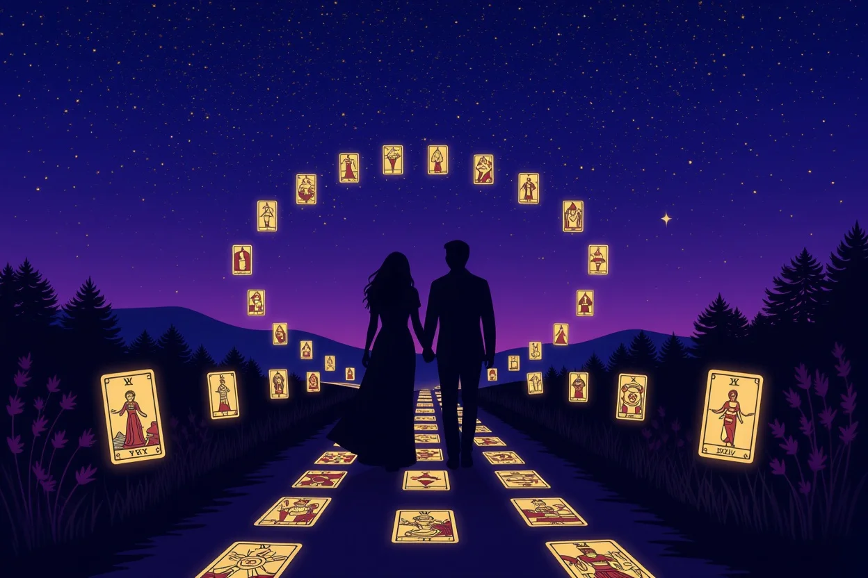 恋愛の道を照らすタロットカードの光に導かれるカップルのシルエット