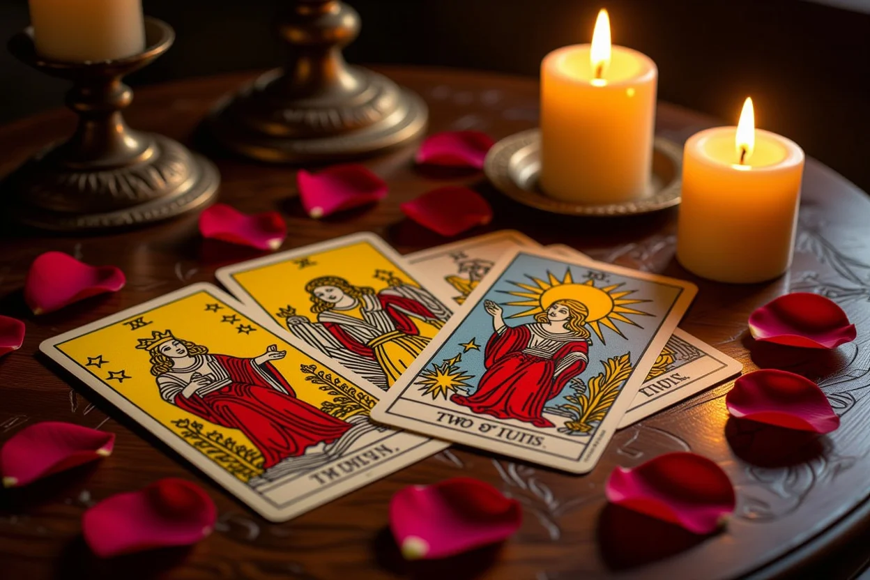 恋愛タロットカードのスプレッド、ろうそくの光とバラの花びらに囲まれた神秘的な雰囲気