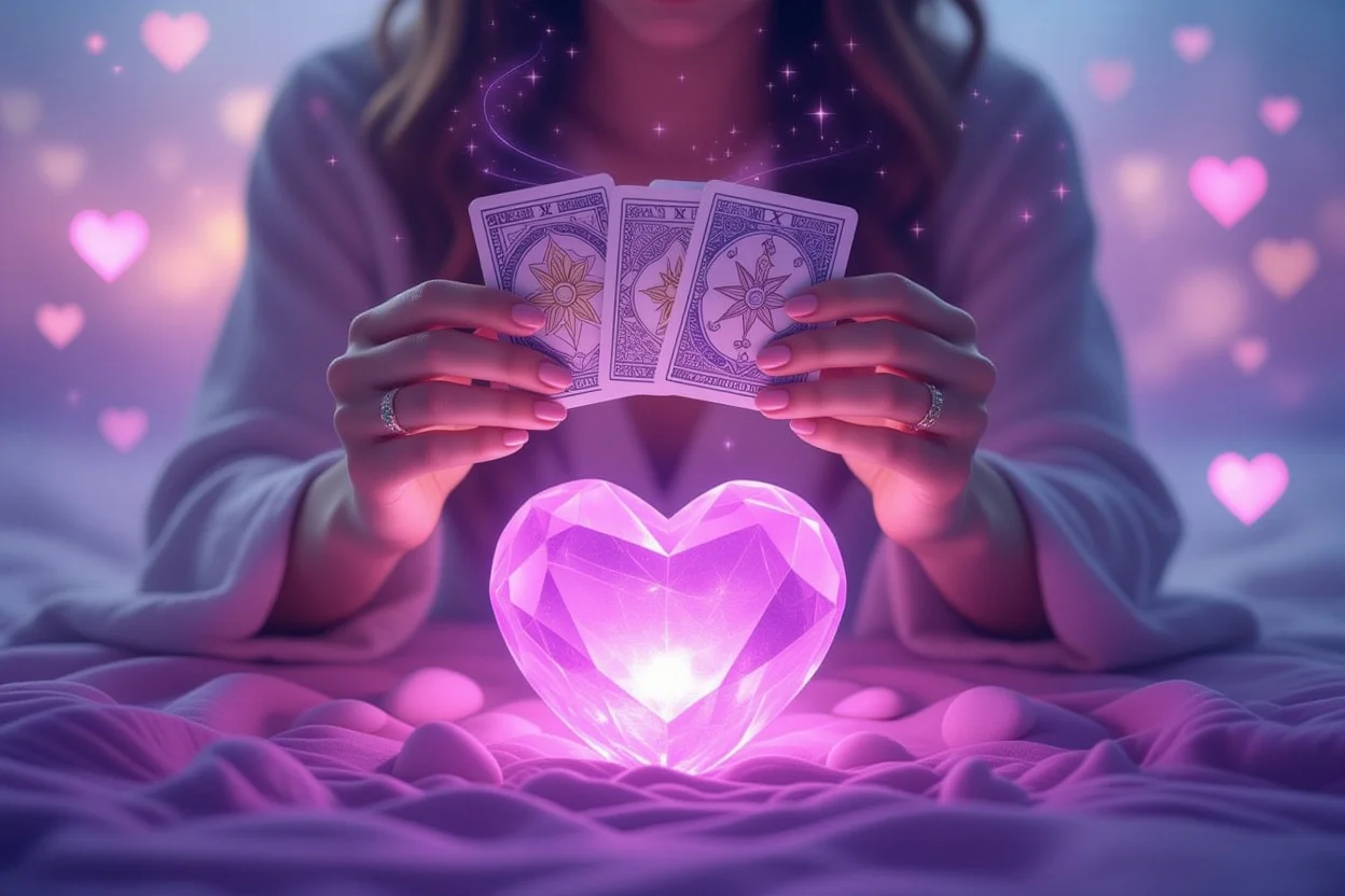 ハート型のクリスタルとタロットカードを持つ手、恋愛の答えを求める神秘的なシーン