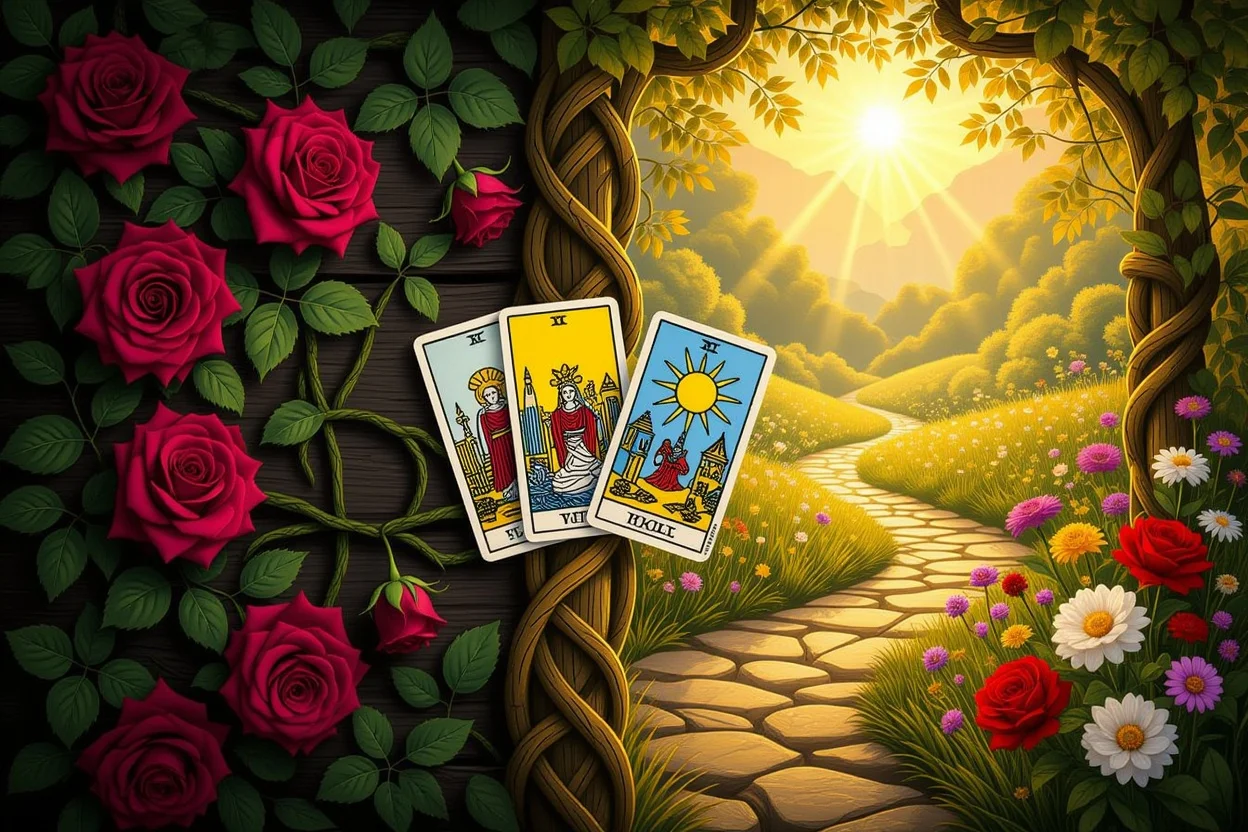 恋愛の停滞と進展を表現したシンボリックなイメージ、タロットが架け橋となる構図
