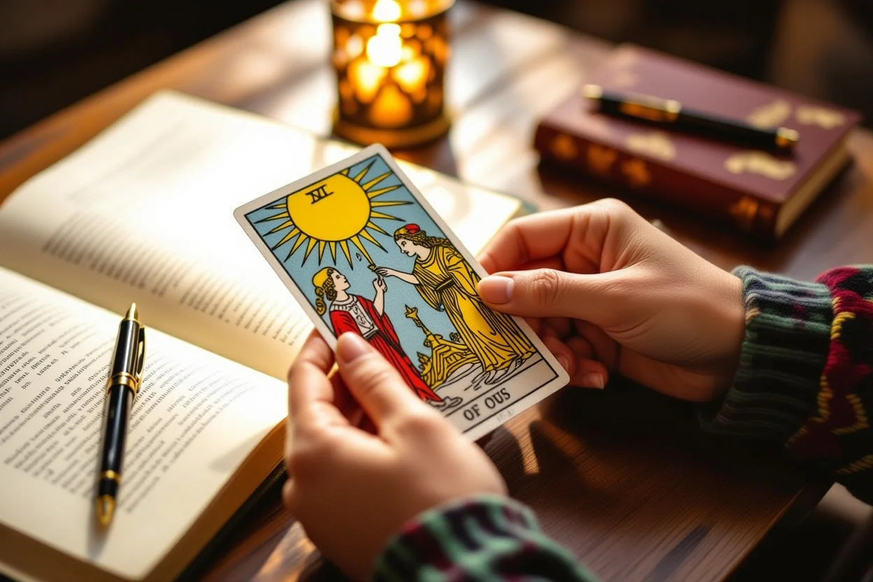 カップの2のタロットカードを引く手、恋愛関係の理解と自己反省を表す朝の光のシーン