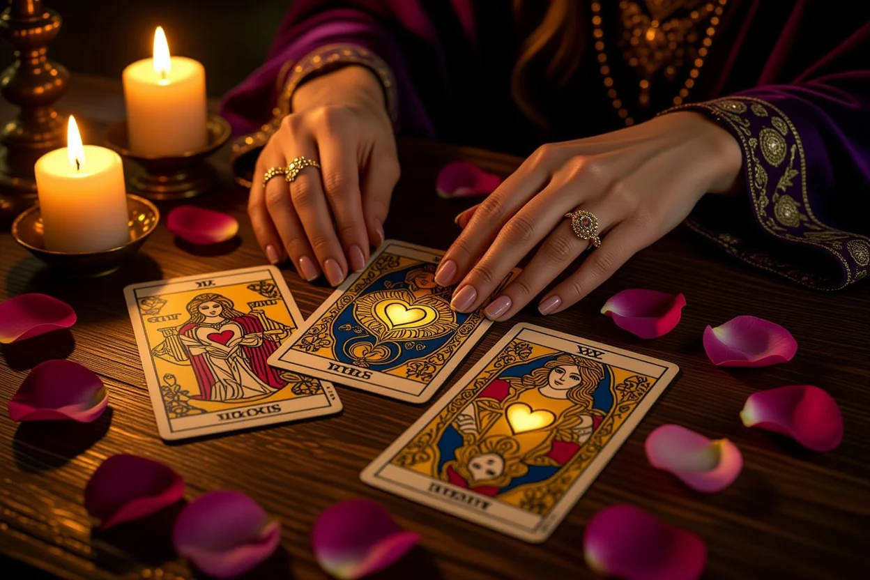恋愛タロットカードの神秘的なリーディング風景