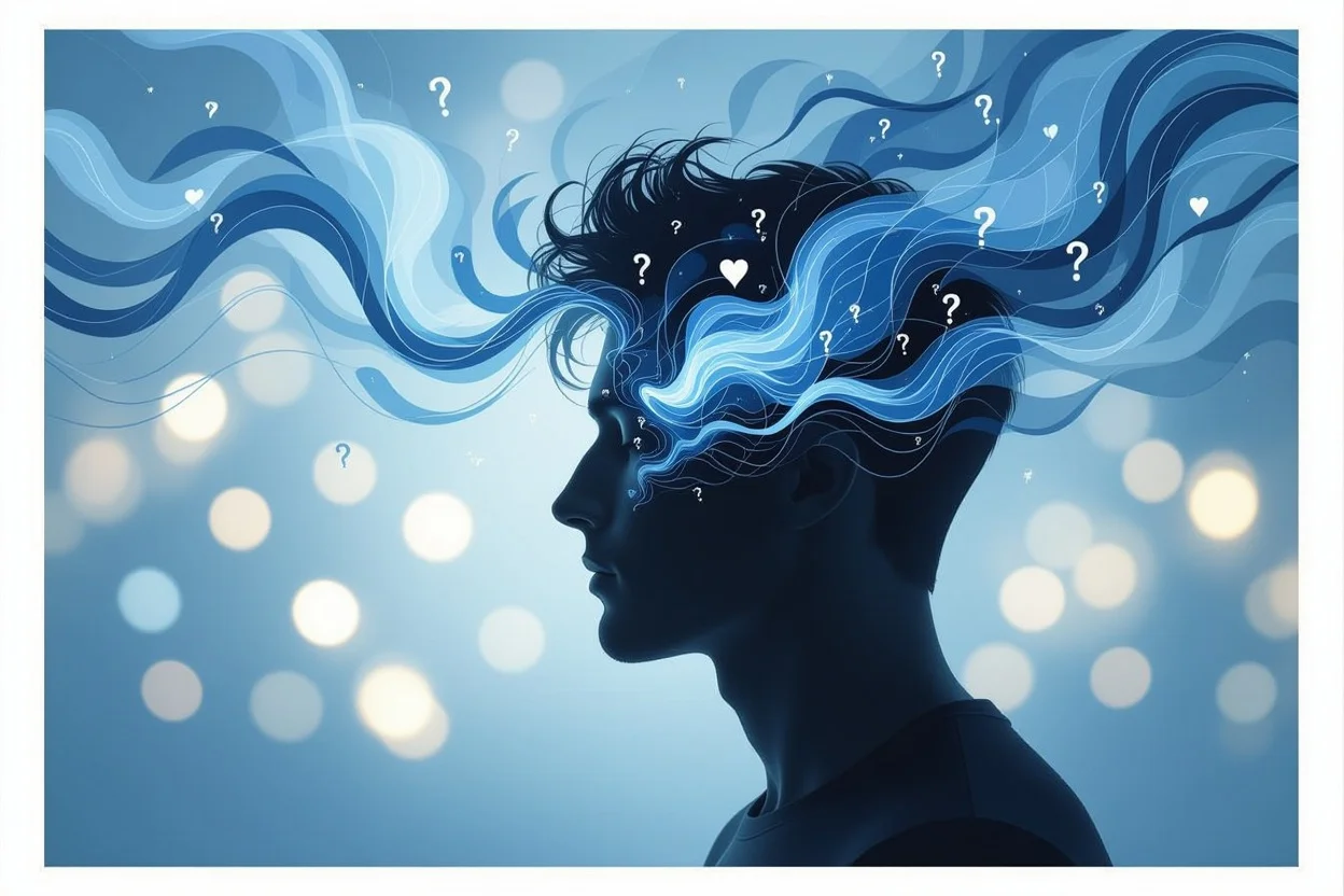 男性の隠された不安と迷いを表現した幻想的なイメージ