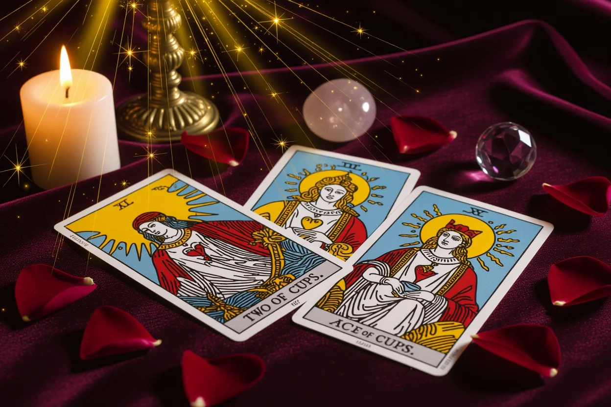 恋愛タロットカードスプレッド、ローソクの光とバラの花びら、神秘的な雰囲気