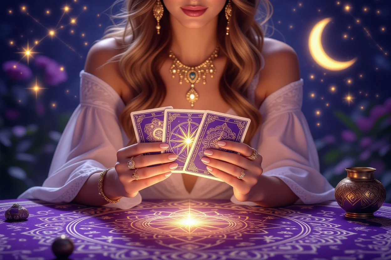 タロット占い師の手、神秘的な月と星座の背景、恋愛運命鑑定
