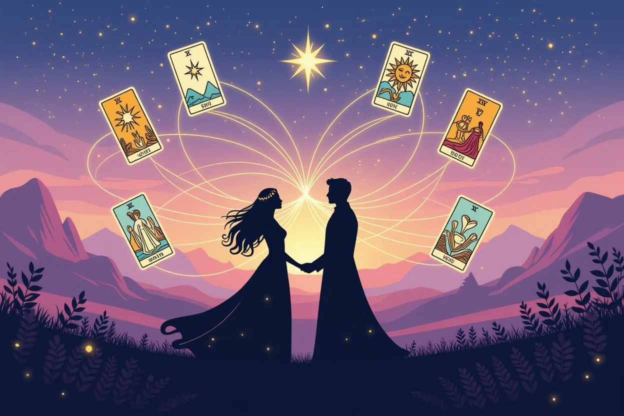 運命の糸で結ばれた二人のシルエット、浮遊するタロットカード、運命の恋愛