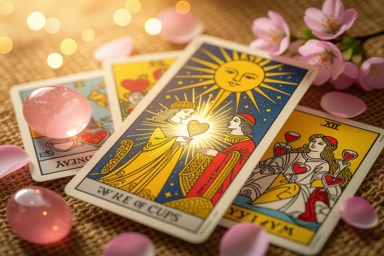 ラバーズタロットカード、黄金の光、恋愛成就の可能性、桜の花びら