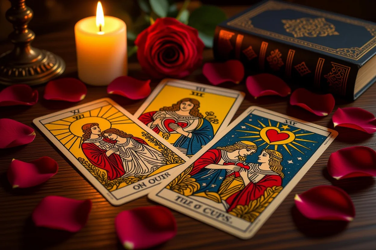 恋愛タロットカードの神秘的なスプレッド、キャンドルの光に照らされた占い