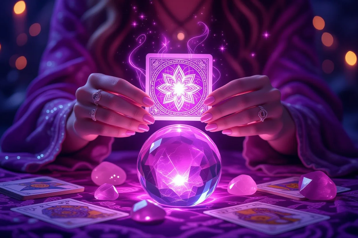 タロットカードを持つ手と水晶玉、恋愛占いの神秘的なイメージ