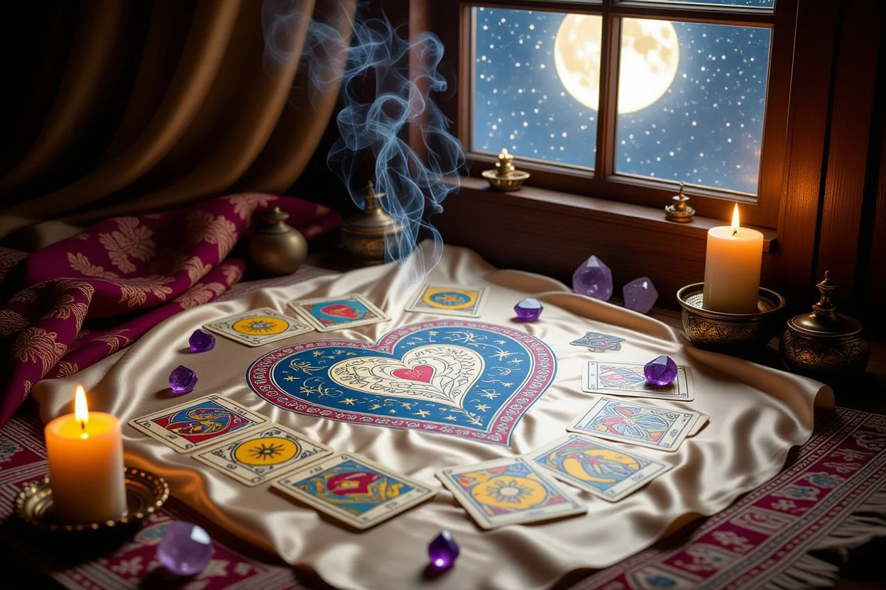 ハート型に並べられたタロットカード、恋愛の本質を読み解く占いシーン