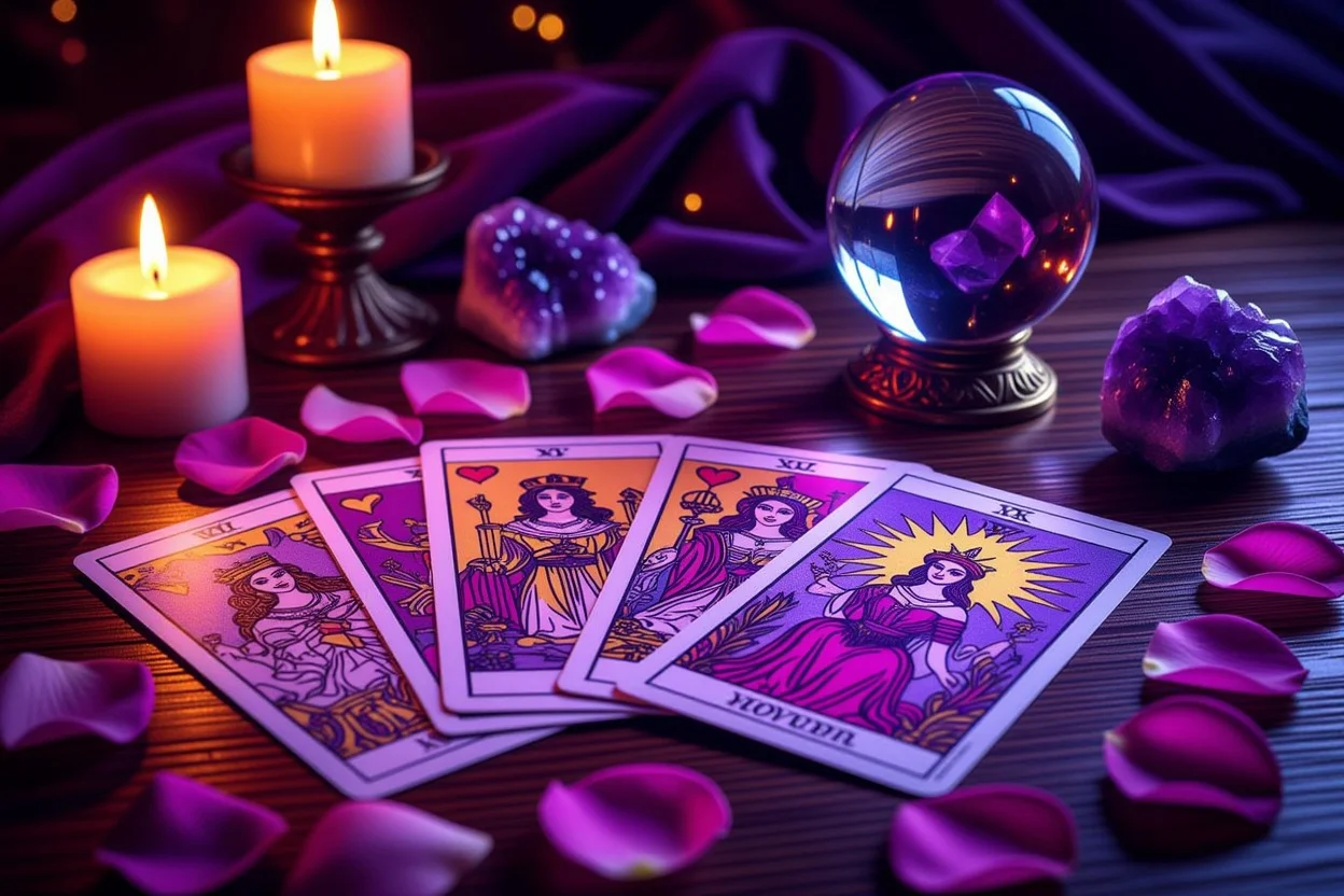 恋愛タロット占いの神秘的なリーディング風景とキャンドルライト