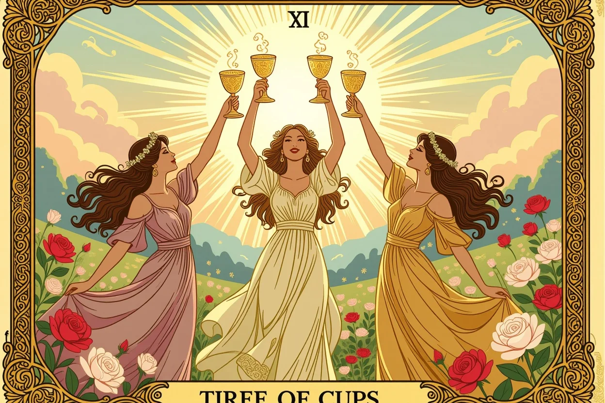 カップの3のタロットカード、3人の女性が乾杯している美しいイラスト