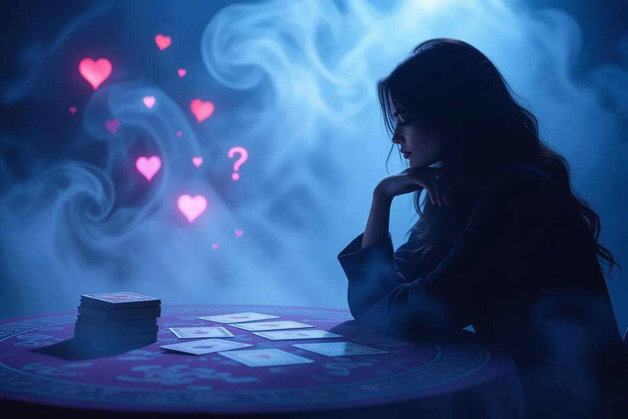 恋愛の悩みと迷いを表現する神秘的なタロット占いのシーン