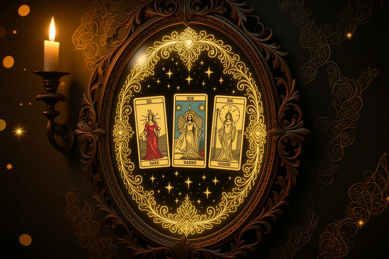 深層心理を映し出す神秘的な鏡とタロットカードの象徴的なイメージ