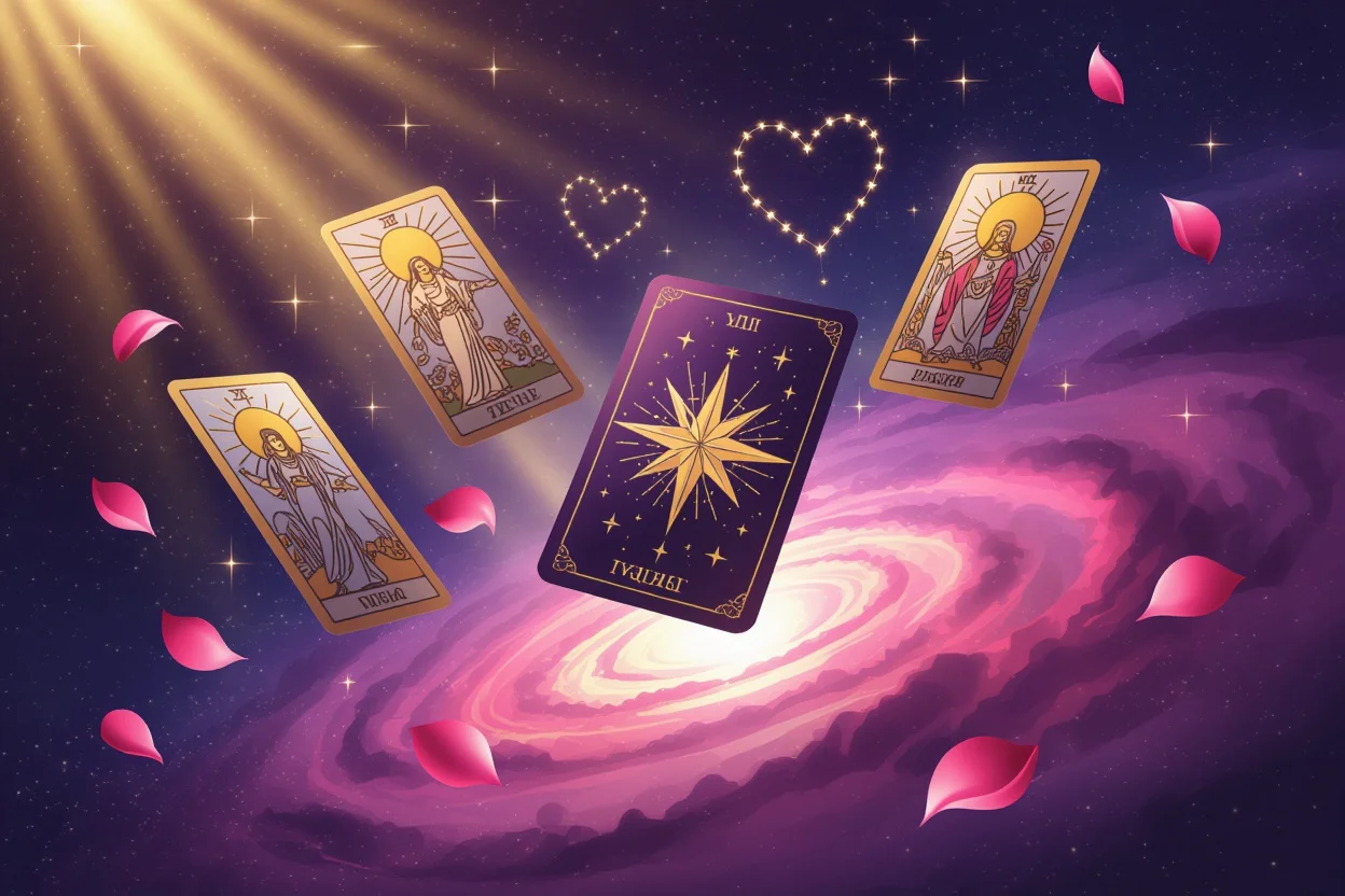 恋愛タロット占いのメジャーアルカナカードと宇宙のエネルギーが融合した神秘的なイメージ