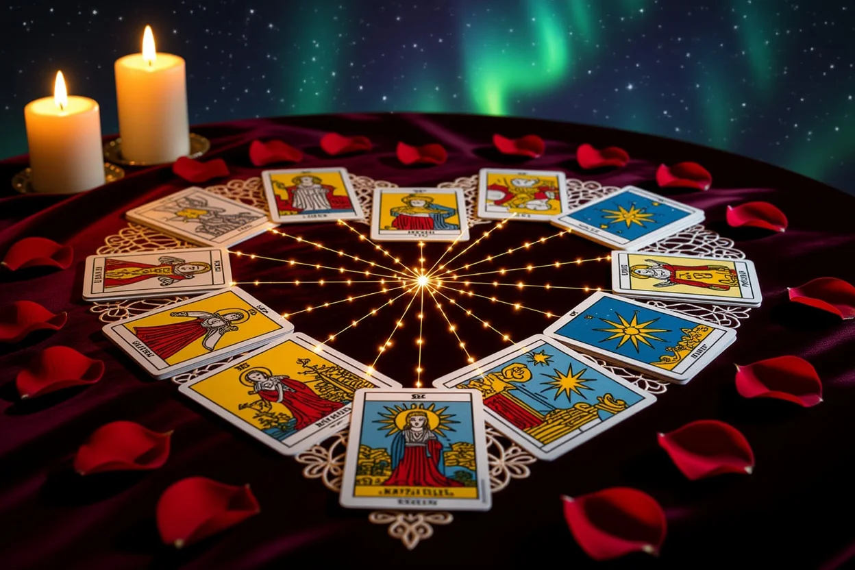 運命の相手と結ばれる愛の法則を示すタロットカードの神秘的な配置