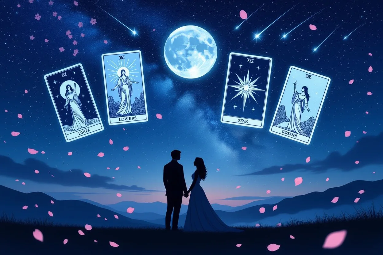 運命の恋人同士を結ぶ宇宙からの愛のメッセージを表現したロマンチックなタロットシーン