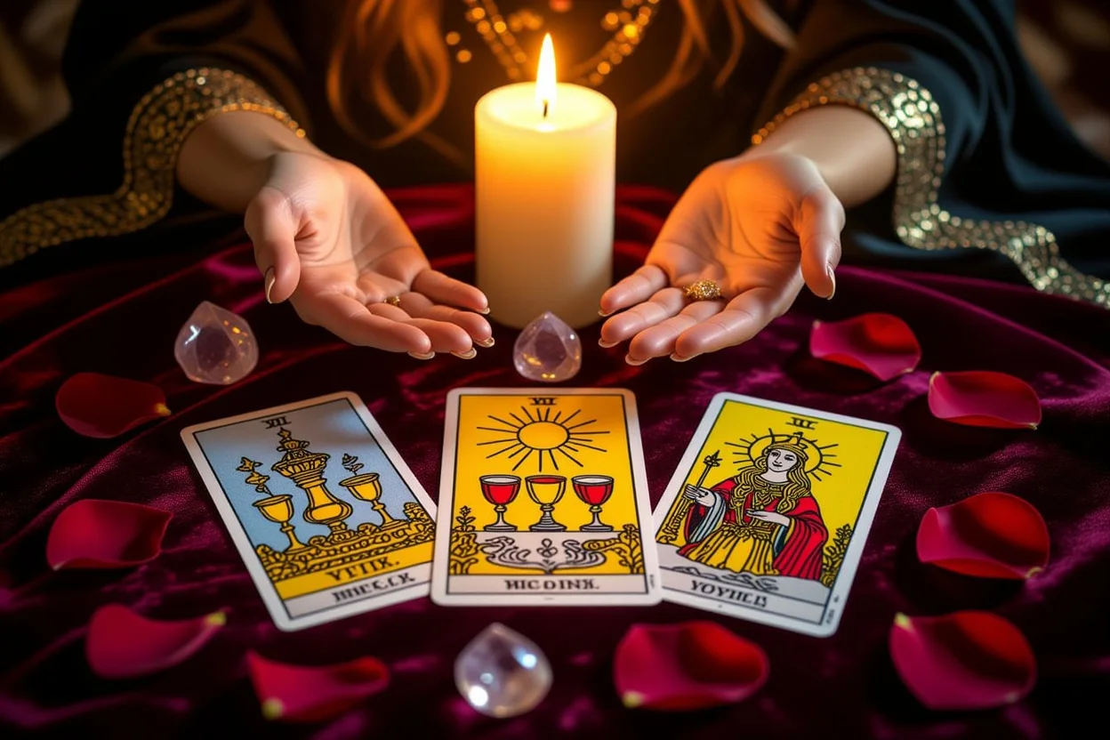 恋愛タロット占いのカードスプレッド、カップの3のカードが中心に配置された神秘的な占いの様子