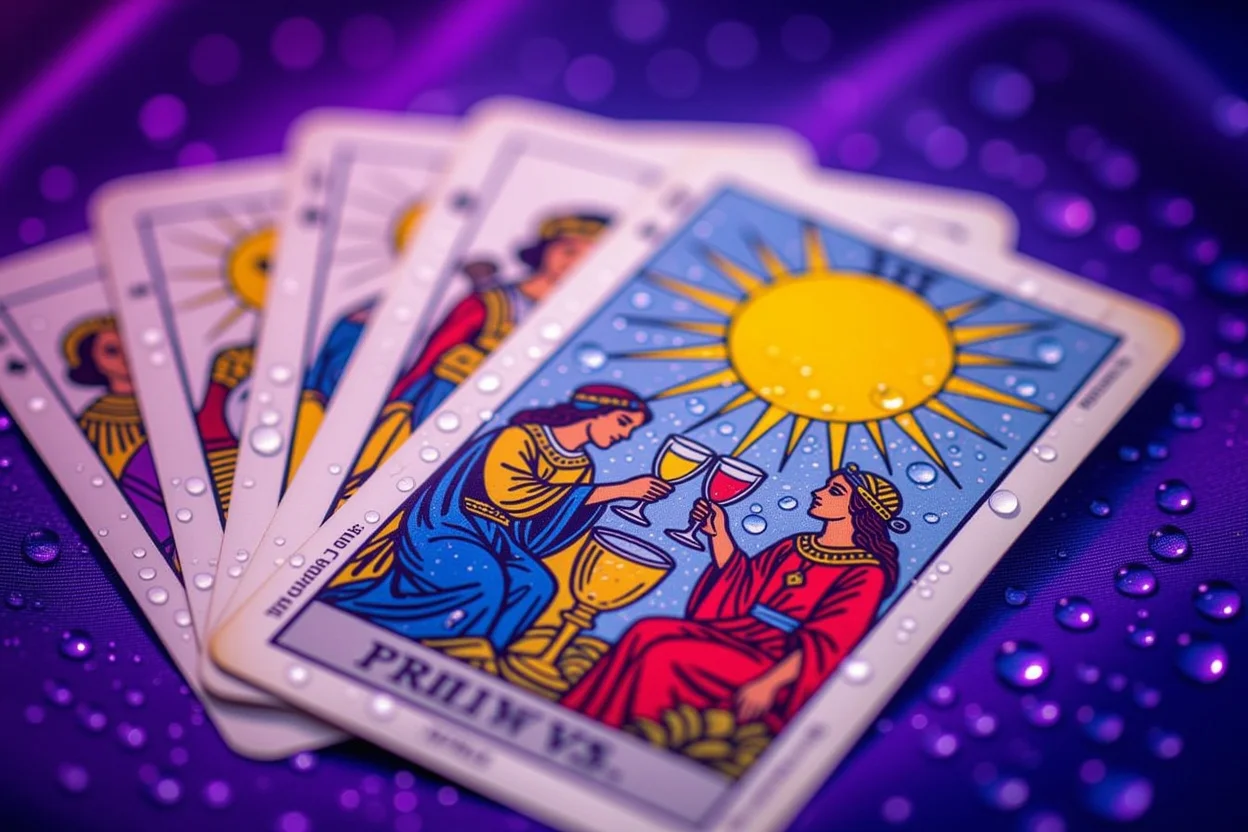 カップスートのタロットカード、特にカップの3が鮮明に写った感情と愛情を象徴するカード群