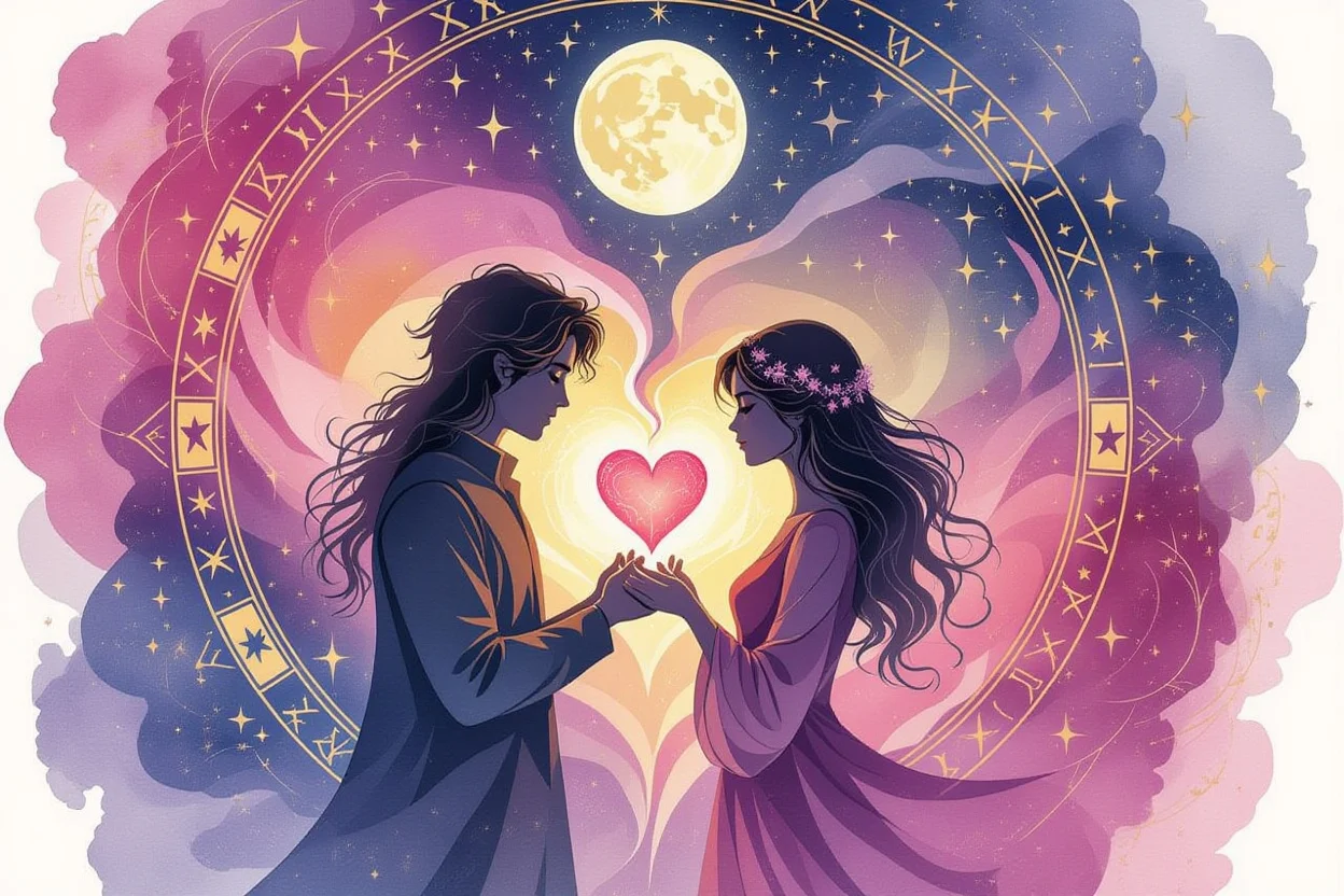 二人の心の繋がりと本音を読み解く神秘的なイラスト、タロットの象徴と宇宙的エネルギーに包まれた恋愛の真実