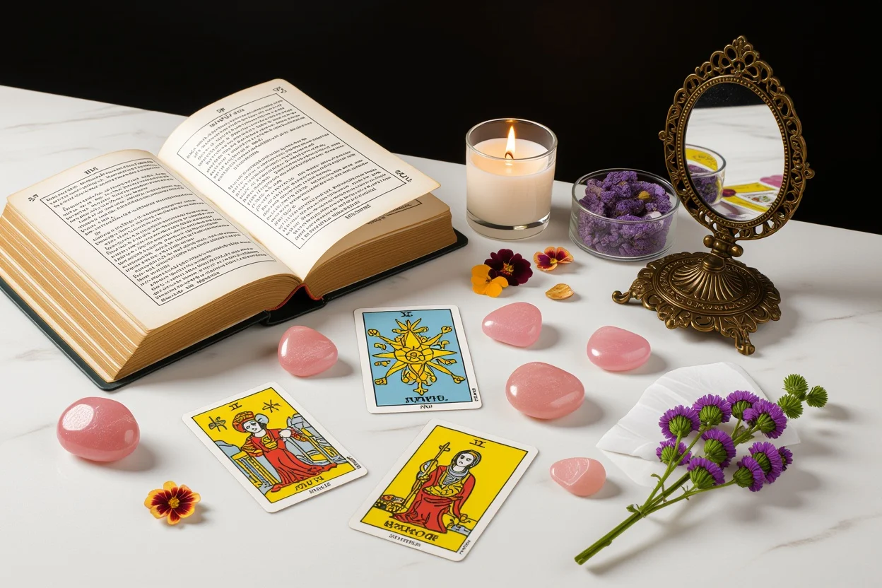 恋愛タロット占いのセットアップ、古い占いの本とタロットカード、ローズクォーツクリスタルが配置された感情発見の場
